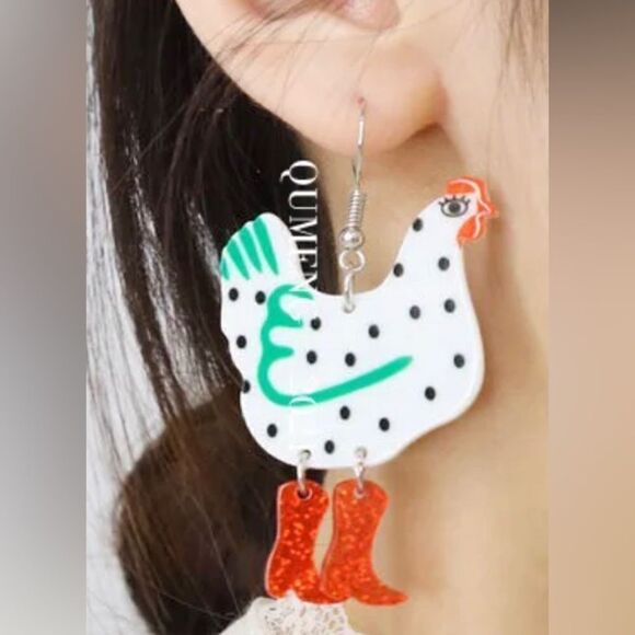 Fun Lightweight Chicken Earrings Lime Green, Pink & Gold Funky - Picture 2 of 3